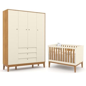 Jogo de Quarto Infantil Unique com Guarda Roupa 4 Portas e Berço Off White/Freijó/Eco Wood - Matic Móveis  