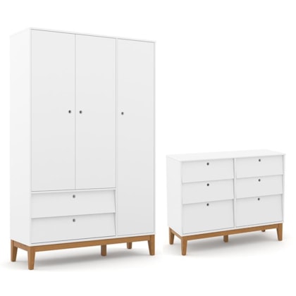 Jogo de Quarto Infantil Unique Guarda Roupa 3 Portas e Cômoda 6 Gavetas Branco Soft/Eco Wood - Matic Móveis  