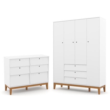 Jogo de Quarto Infantil Unique Guarda Roupa 4 Portas e Cômoda 6 Gavetas Branco Soft/Eco Wood - Matic Móveis 