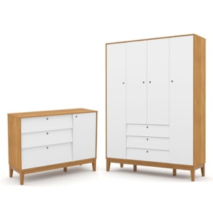 Jogo de Quarto Infantil Unique Guarda Roupa 4 Portas e Cômoda com Porta Freijó/Branco Soft/Eco Wood - Matic Móveis 