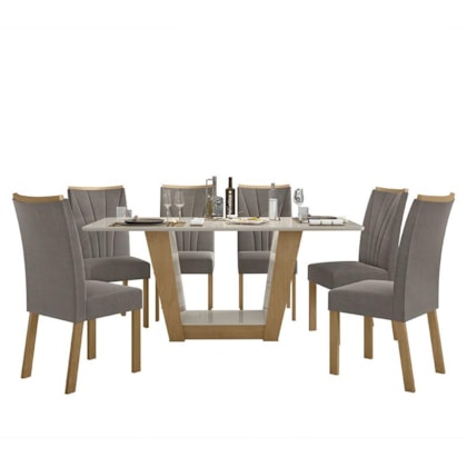 Mesa de Jantar 160x80 com 6 Cadeiras Apogeu Amêndoa/Off White/Suede Bege - Móveis Lopas