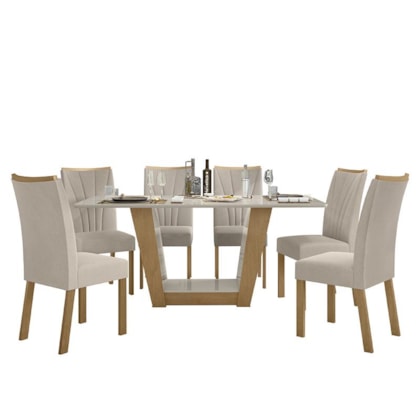 Mesa de Jantar 160x80 com 6 Cadeiras Apogeu Amêndoa/Off White/Veludo Creme - Móveis Lopas