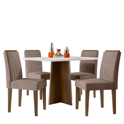 Mesa de Jantar Anitta 120x80 com 4 Cadeiras Ana Imbuia/Off White/Veludo Marrom Rosê - New Ceval