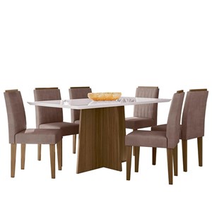 Mesa de Jantar Anitta 160x90 com 6 Cadeiras Ana Imbuia/Off White/Veludo Marrom Rosê - New Ceval