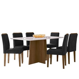 Mesa de Jantar Anitta 160x90 com 6 Cadeiras Ana Imbuia/Off White/Veludo Preto - New Ceval