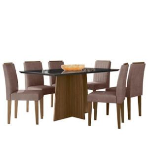 Mesa de Jantar Anitta 160x90 com 6 Cadeiras Ana Imbuia/Preto/Veludo Marrom Rosê - New Ceval