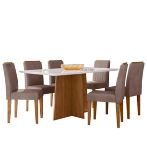 Mesa de Jantar Anitta 160x90 com 6 Cadeiras Ana Ypê/Off White/Veludo Marrom Rosê - New Ceval