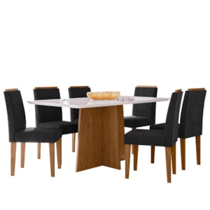 Mesa de Jantar Anitta 160x90 com 6 Cadeiras Ana Ypê/Off White/Veludo Preto - New Ceval