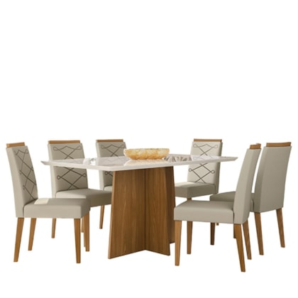 Mesa de Jantar Anitta 160x90 com 6 Cadeiras Caroline Ypê/Off White/Veludo Nude - New Ceval