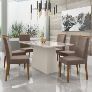 Mesa de Jantar Bárbara 160x90 com 6 Cadeiras Caroline Off White/Ypê/Veludo Marrom Rosê - New Ceval