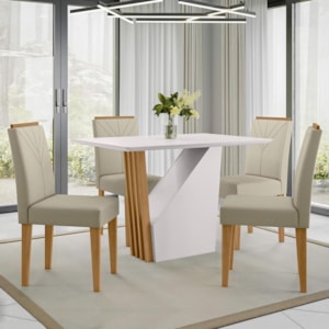 Mesa de Jantar Veneza 120x80 com 4 Cadeiras Amanda Ypê/Off White/Veludo Nude - New Ceval