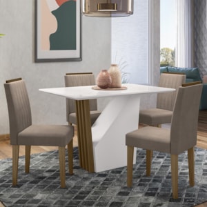 Mesa de Jantar Veneza 120x80 com 4 Cadeiras Ana Imbuia/Off White/Veludo Marrom Rosê - New Ceval