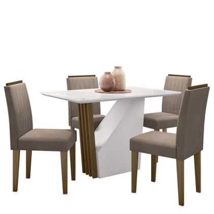 Mesa de Jantar Veneza 120x80 com 4 Cadeiras Ana Imbuia/Off White/Veludo Marrom Rosê - New Ceval