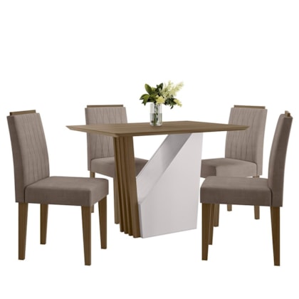 Mesa de Jantar Veneza 120x80 Tampo em MDF com 4 Cadeiras Ana Imbuia/Veludo Marrom Rosê - New Ceval