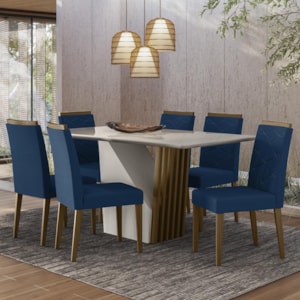 Mesa de Jantar Veneza 160x90 com 6 Cadeiras Caroline Imbuia/Off White/Veludo Azul Marinho - New Ceval