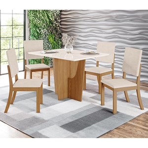 Mesa de Jantar Vértice Tampo de MDF com 4 Cadeiras Milla Nature/Off White/Suede Linho - Móveis Henn