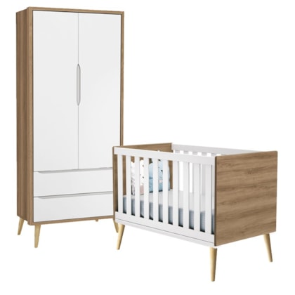 Quarto com Berço Theo e Guarda Roupa 2 Portas e Pés Madeira Natural Branco Fosco/Mezzo - Reller Móveis