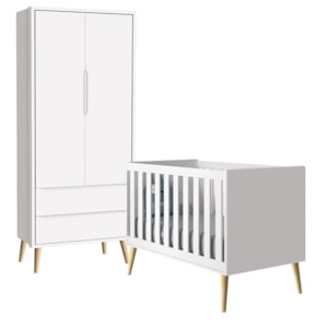 Quarto com Berço Theo e Guarda Roupa 2 Portas e Pés Madeira Natural Branco Fosco - Reller Móveis