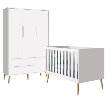 Quarto com Berço Theo e Guarda Roupa 3 Portas Branco Fosco e Pés Madeira Natural - Reller Móveis