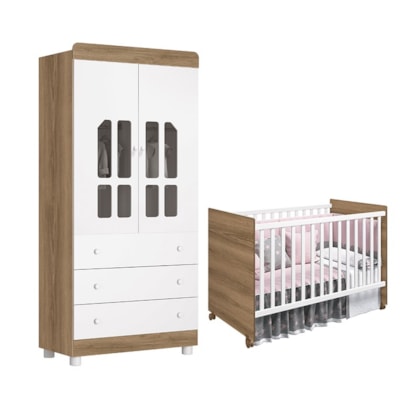 Quarto Infantil com Guarda Roupa 2 Portas Katatau e Berço Mel Branco/Mezzo - Reller Móveis