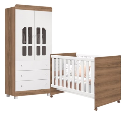 Quarto Infantil Katatau com Guarda Roupa 2 Portas e Berço Branco Brilho/Mezzo - Reller Móveis