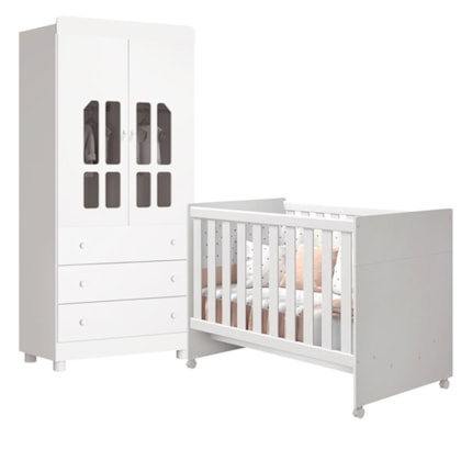 Quarto Infantil Katatau com Guarda Roupa 2 Portas e Berço Branco Brilho - Reller Móveis