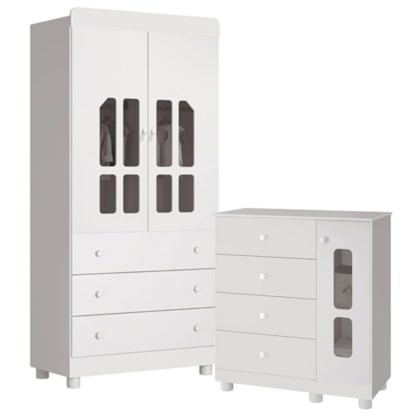 Quarto Infantil Katatau com Guarda Roupa 2 Portas e Cômoda Branco Brilho - Reller Móveis